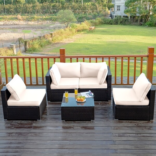Costway 5PCS Patio Rattan Furniture Set Cushioned Sofa and Chair Coffee