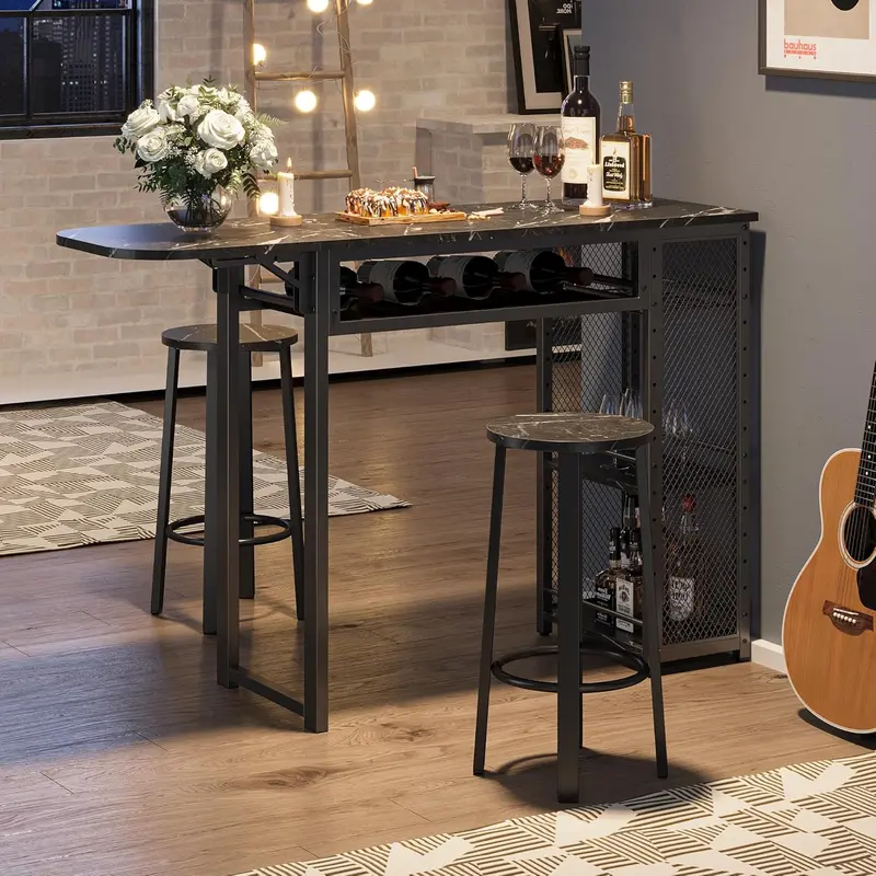Rustic Expandable Bar Table Set – 2-Stool Dining Combo with Wine Rack, 3-Tier Adjustable Shelves, and Counter Height Design