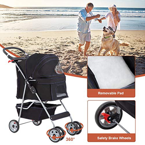 Bestpet 4 Wheels Pet stroller for Cats and Dogs, Folding, Black