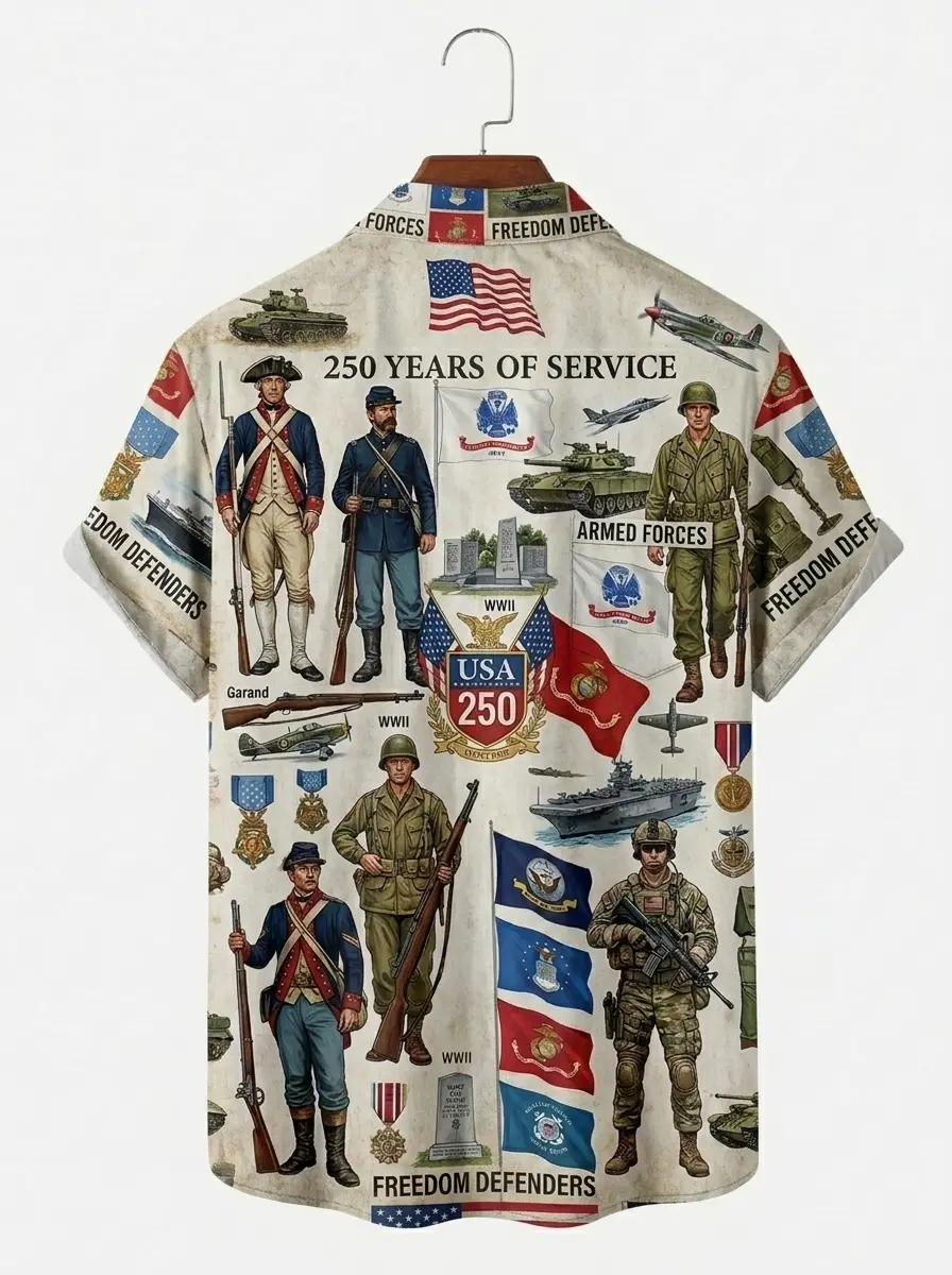 Men's printed shirts, 250 Years of U.S. Armed Forces Service Hawaiian Shirt
