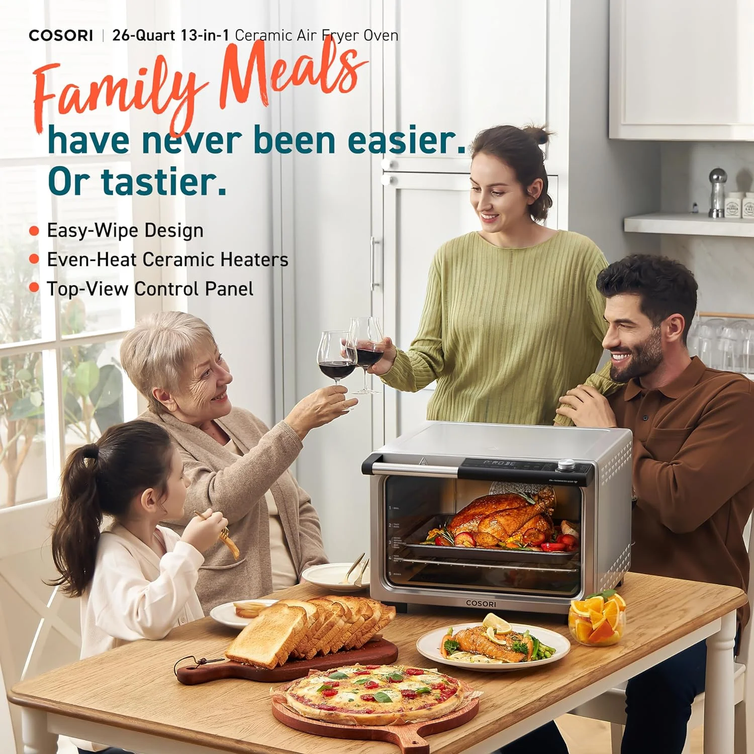 YINCHEN 13-in-1 26-Quart Ceramic Air Fryer Toaster Oven Combo, Flat-Sealed Heating Elements for Easy Cleanup, Innovative Burner Function, 7 Included Accessories & Recipes, CCO-R251-SUS