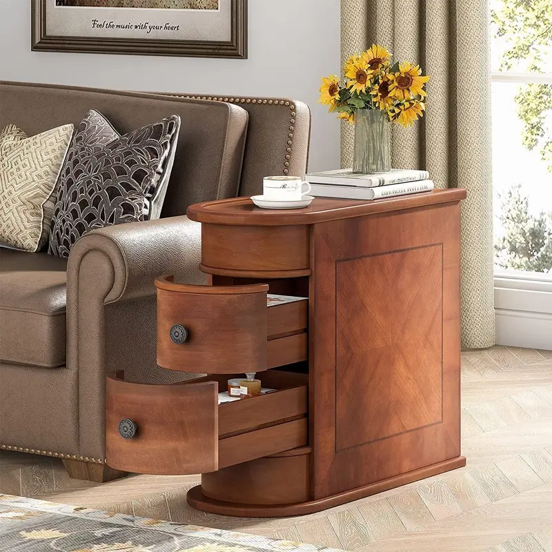 Slim Solid Wood End Table – Two-Drawer Narrow Chairside Side Table for Compact Spaces