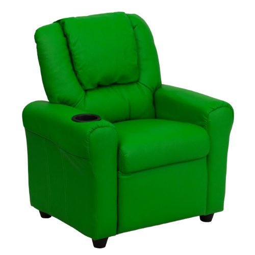 EMMA + OLIVER Beige Vinyl Kids Recliner with Cup Holder and Headrest