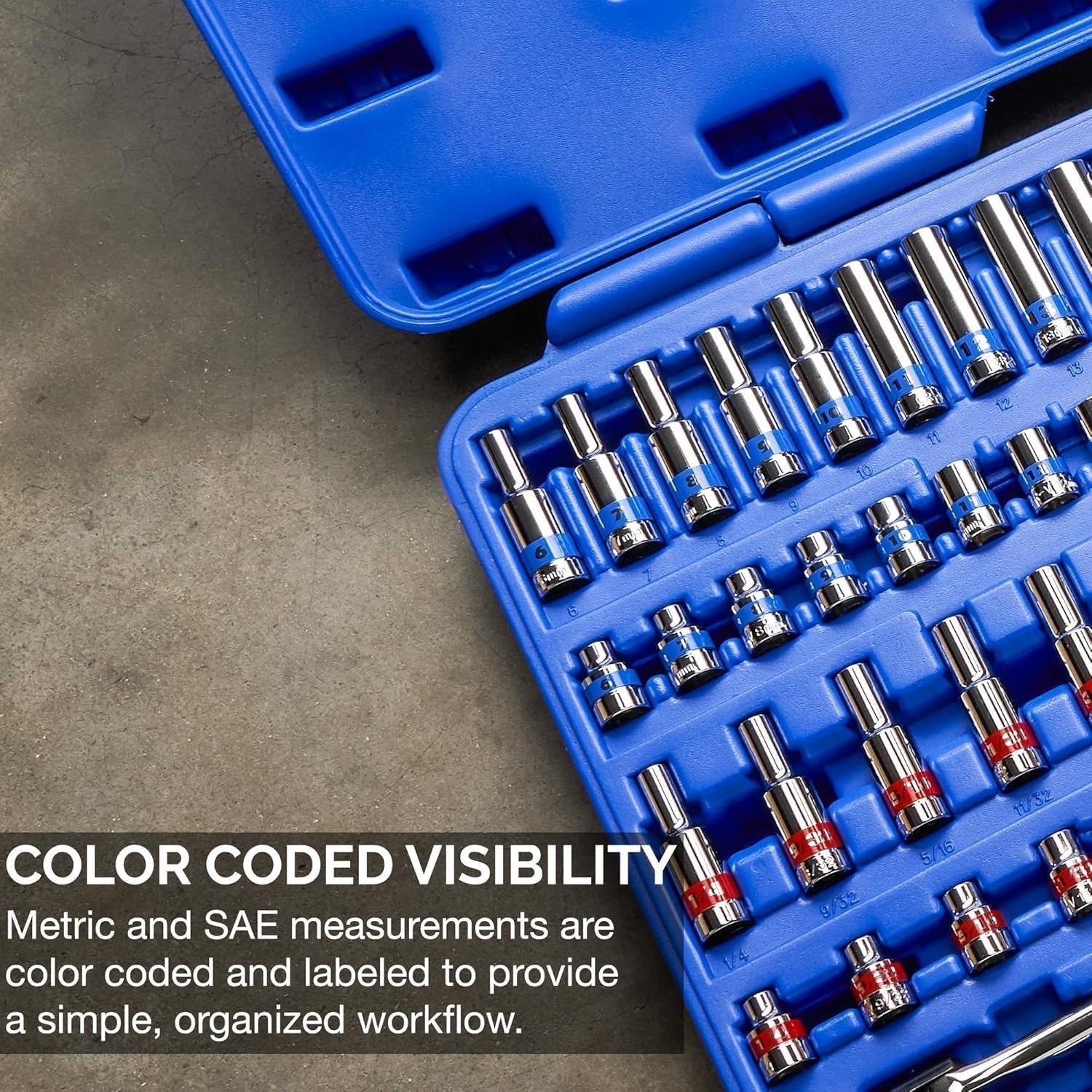 3/8-Inch-Drive Colored Mechanics Tool Ratchet, Socket Set, 76-Piece Standard and Deep SAE Sizes 1/4′′ to 1′′ Metric Sizes 6 mm to 24 mm Made with CrV Steel for Auto Repair