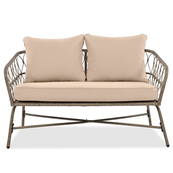 4Piece Wicker Patio Conversation Set with Beige Cushions,With Wood Tabletop