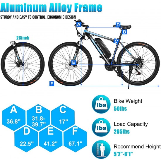 Electric Bike Electric Mountain Bike 350W Ebike 26” Electric Bicycle, 20MPH Adults Ebike with Removable 7.8/10.4Ah Battery, Professional 21 Speed Gears