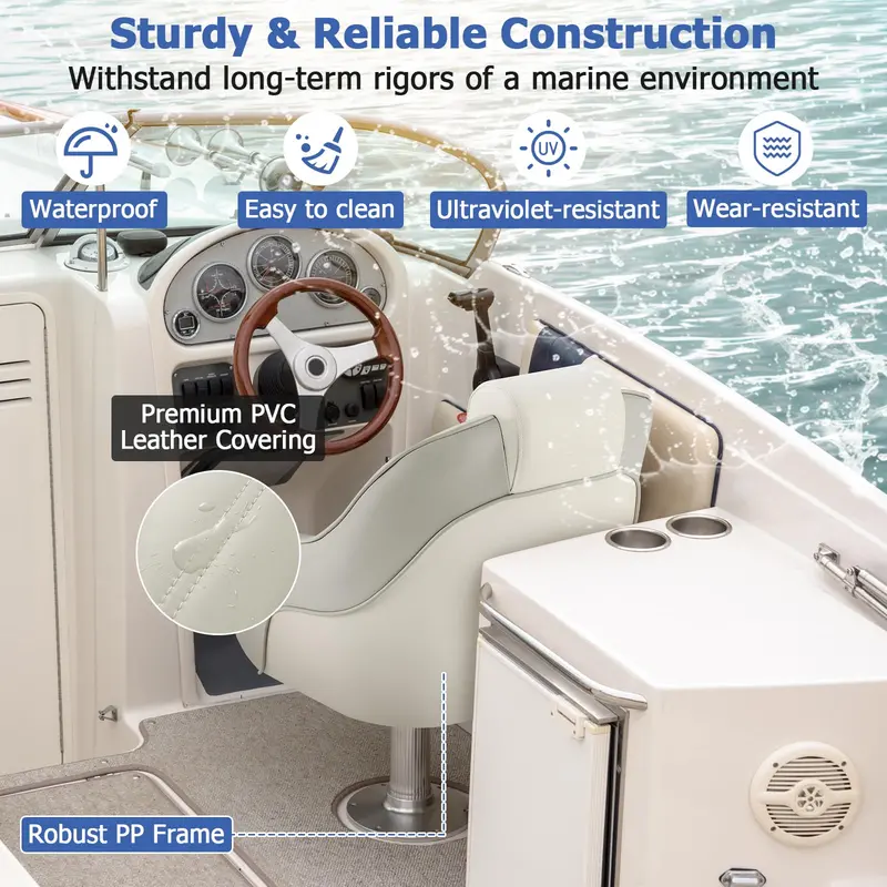 Waterproof Pontoon Captain Seat – Bucket Style with Thick Sponge Padding & PVC Leather Cover