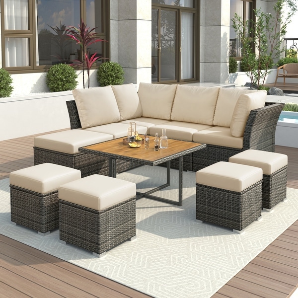 10 Piece Outdoor Patio Furniture Set,Rattan Conversation Set with Coffee Table Sectional Dining Set with Ottoman