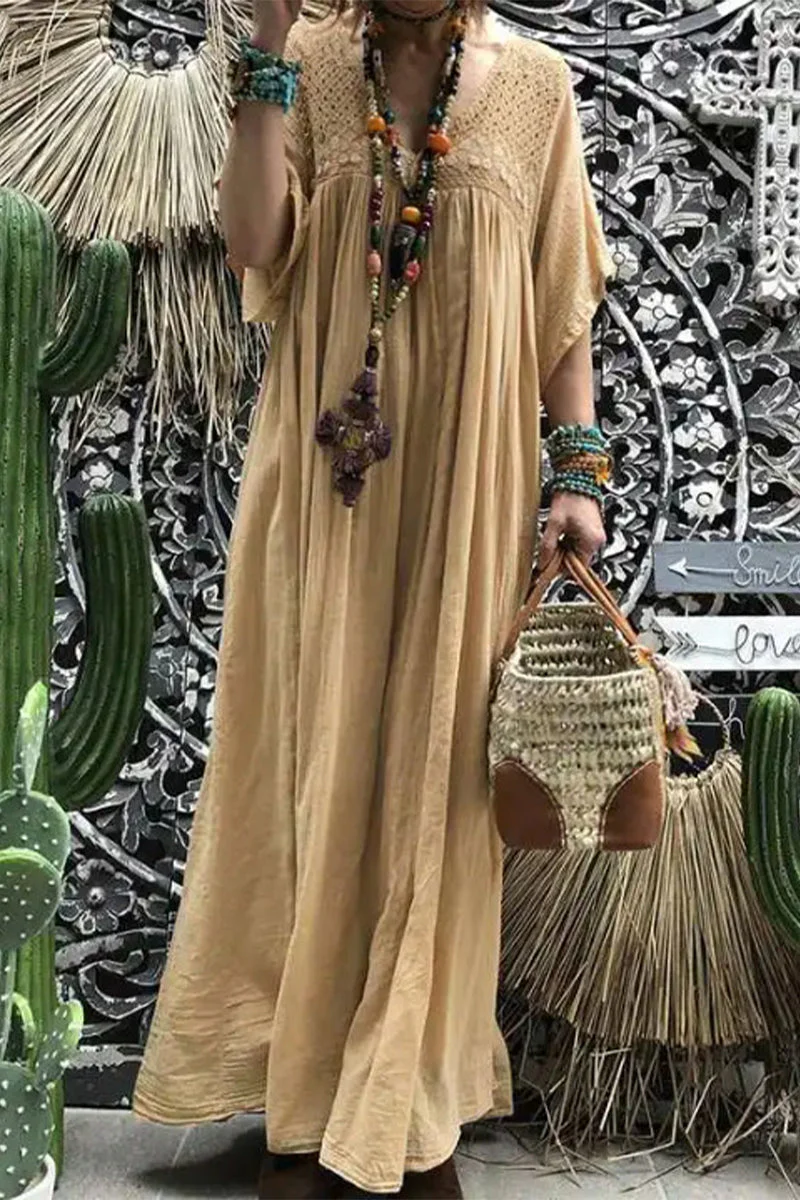 Lace Trim V-Neck Gauzy Maxi DressClistos