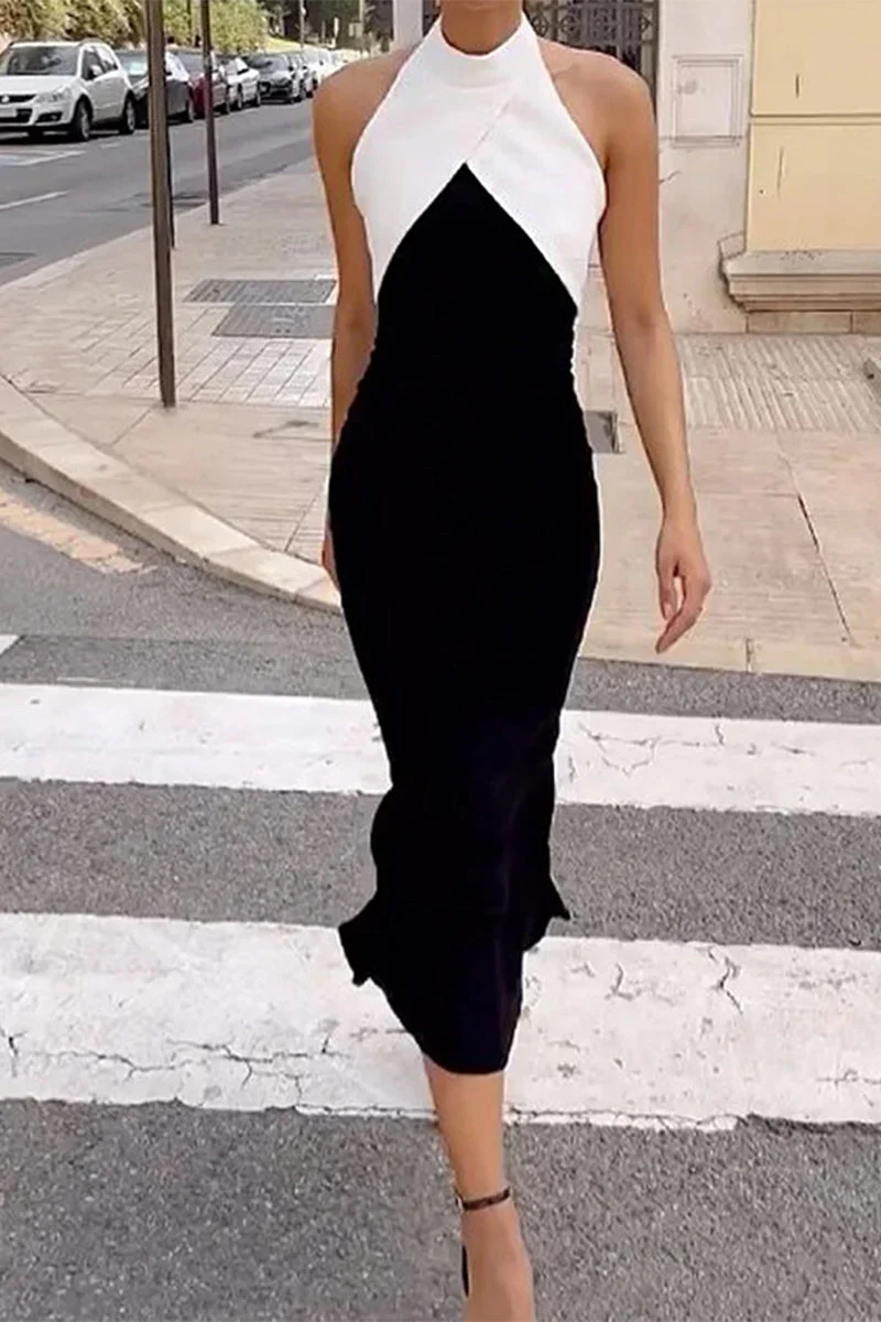 Elegant Halter Neck Color Block Maxi DressClistos