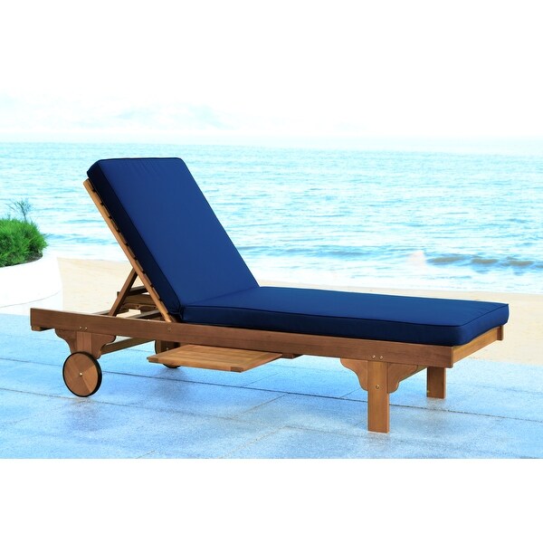 SAFAVIEH Outdoor Newport Solid Wood Chaise Lounge Chair with Side Table and Cushion