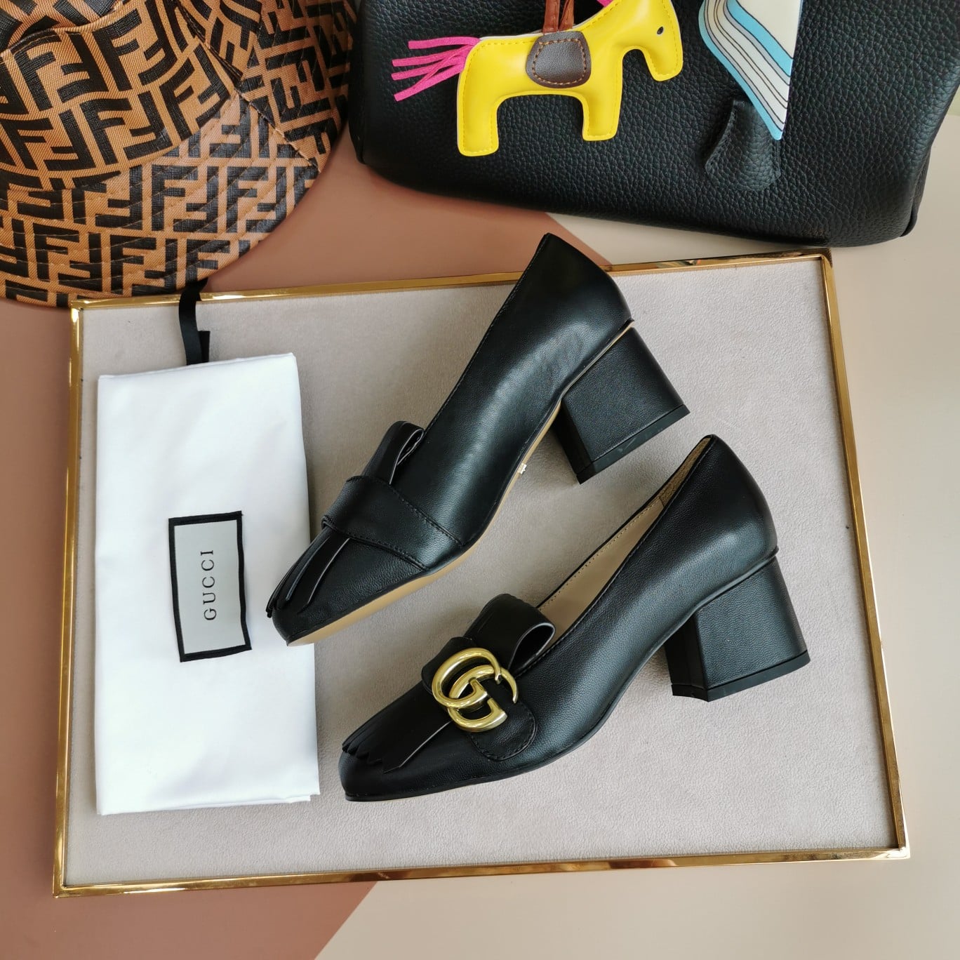 Gucci Wmns Black Leather Mid-Heel Pump 408208 C9D00 1000