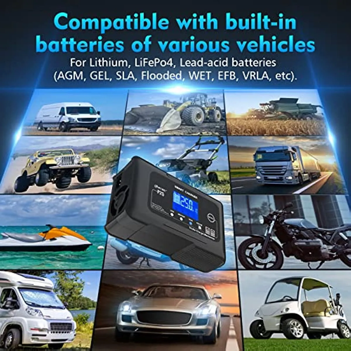 2026 25-Amp Smart Battery Charger,Lithium,LiFePO4,Lead-Acid AGM/Gel/SLA.. Car Battery Charger,Trickle Charger, Maintainer/deep Cycle Charger,12V/25A and 24V/13A,for Motorcy,Boat,Lawn Mower