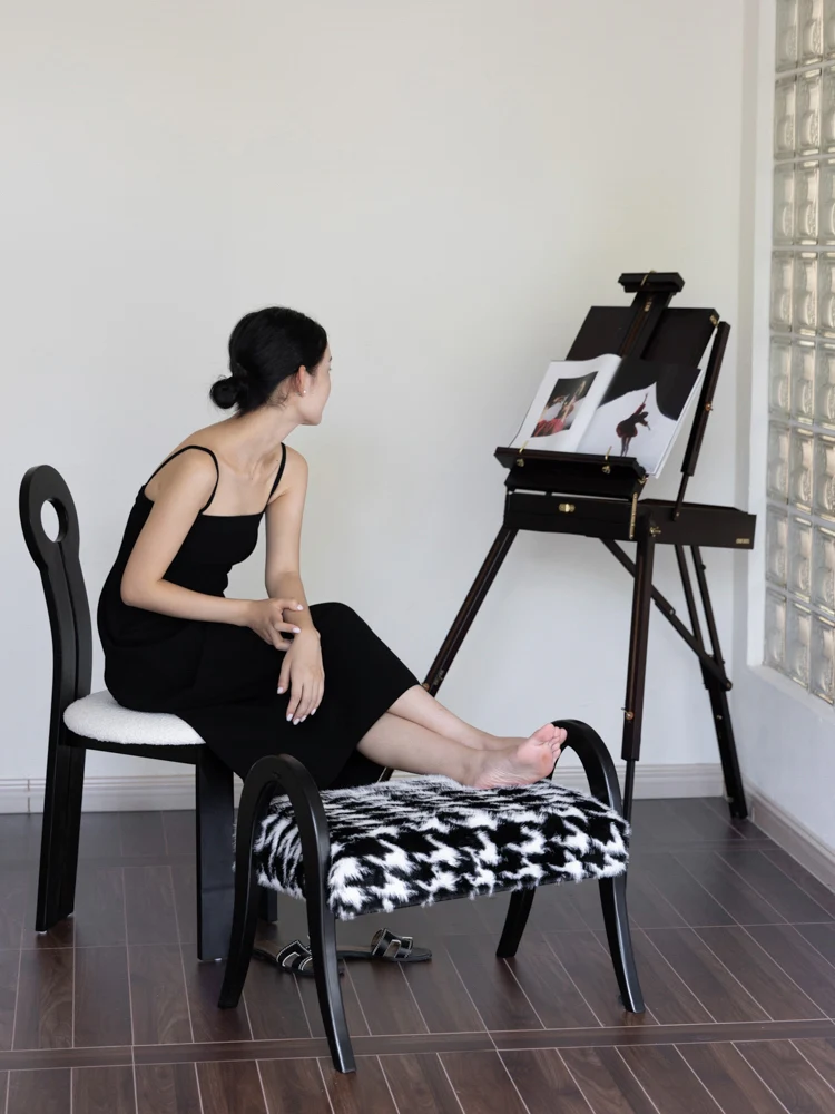 CH089 - Shoe Changing Stool - Solid Wood + Mink Series Black and White Mink Multi-functional with Footrest