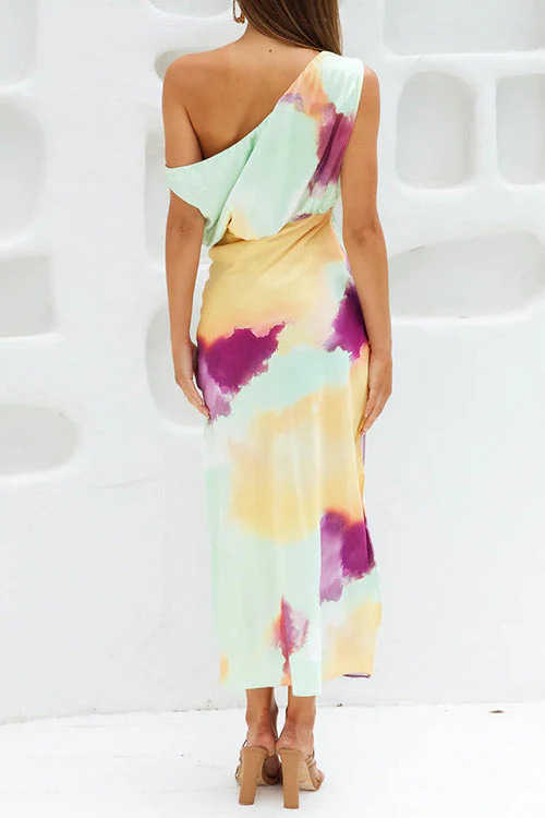 Asymmetric Slit Maxi Dress | One Shoulder Tie Dye GownClistos