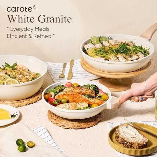21Pcs Pots and Pans Set, Nonstick Cookware Sets, White Granite Induction Cookware Non Stick Cooking Set w/Frying Pans & Saucepans(PFOS, PFOA Free)