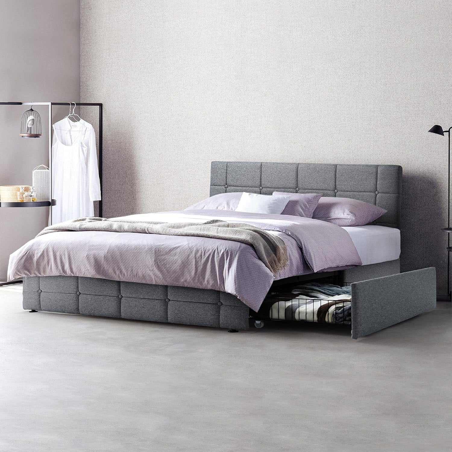 Upholstered Storage Bed Frame With 4 Drawers And Adjustable Headboard, Square Stitched Button Tufted, Platform Beds Frame, Wood Slat Support, No Box Spring Needed, Queen Size, Light Grey
