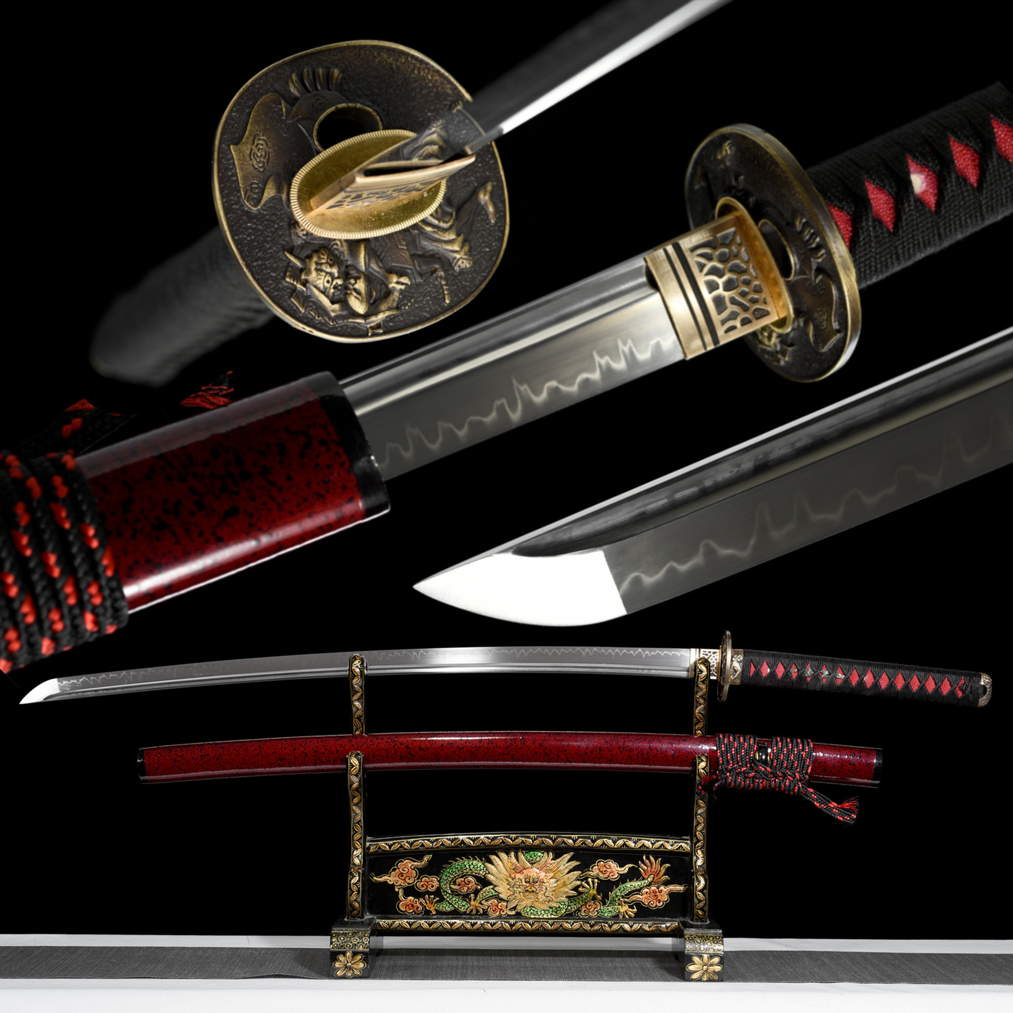 Black & Red Katana – T10 Clay Tempered, Full Tang