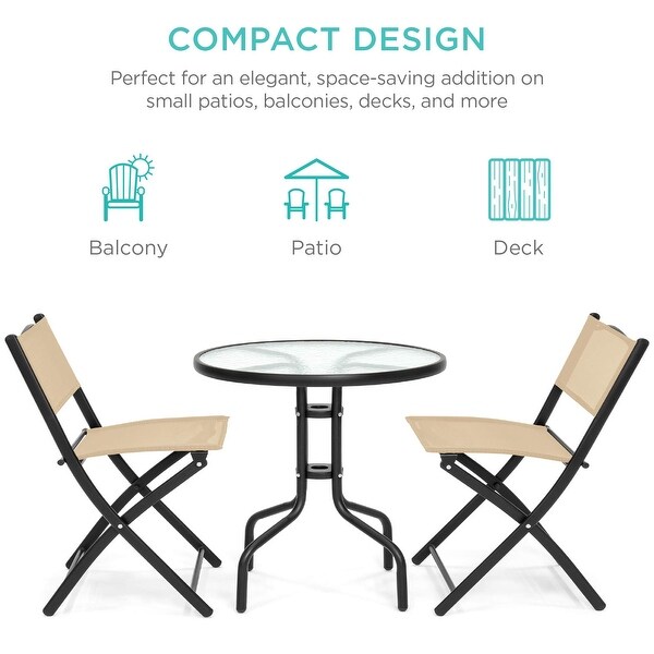 3Piece Patio Bistro Dining Furniture Set w/Textured Glass Tabletop,2 Folding Chairs,Steel Frame,Polyester Fabric