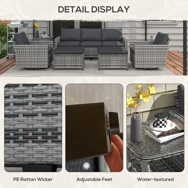 Outsunny 6 Piece Patio Furniture Set with Rattan Threeseater Sofa,Swivel Rocking Chairs,Footstools