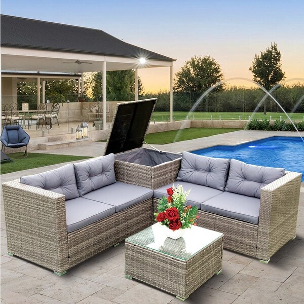 4 Piece Patio Sectional Wicker Outdoor Sofa Set with Storage Box
