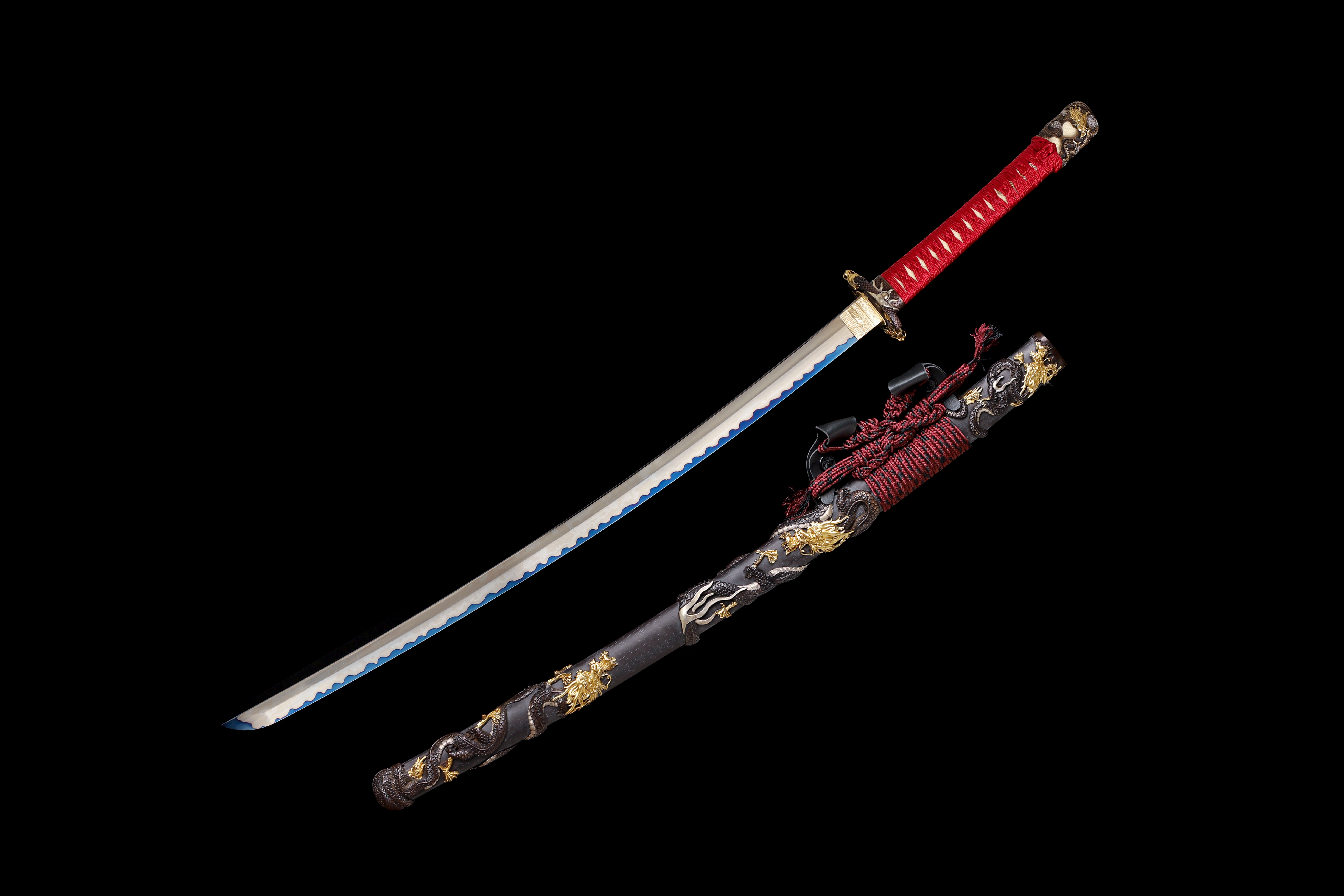 Handmade Katana Go-Mai Gold Body Blue Edge Dragon Tsuba Full Tang