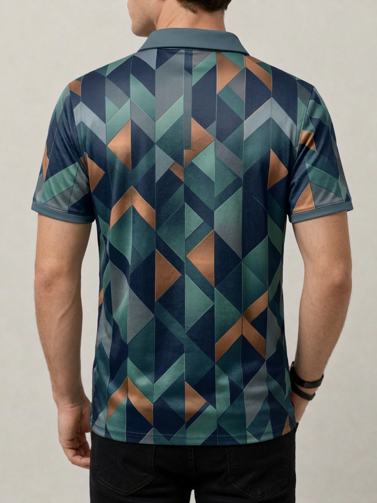 Teal Blue Copper Triangle Geometric Print Short Sleeve Golf Polo Shirt