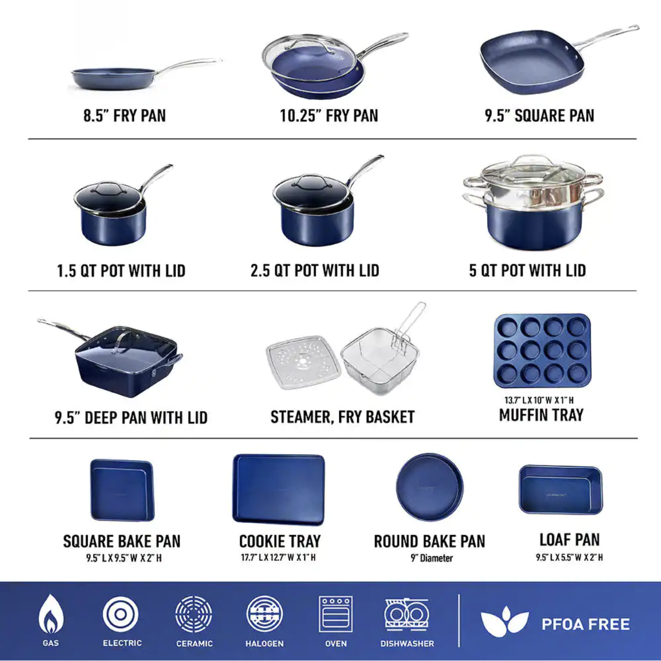 Granitestone Classic Blue 20-Piece Aluminum Ultra-Durable Non-Stick Diamond Infused Cookware and Bakeware Set?? Last Day For Clearance