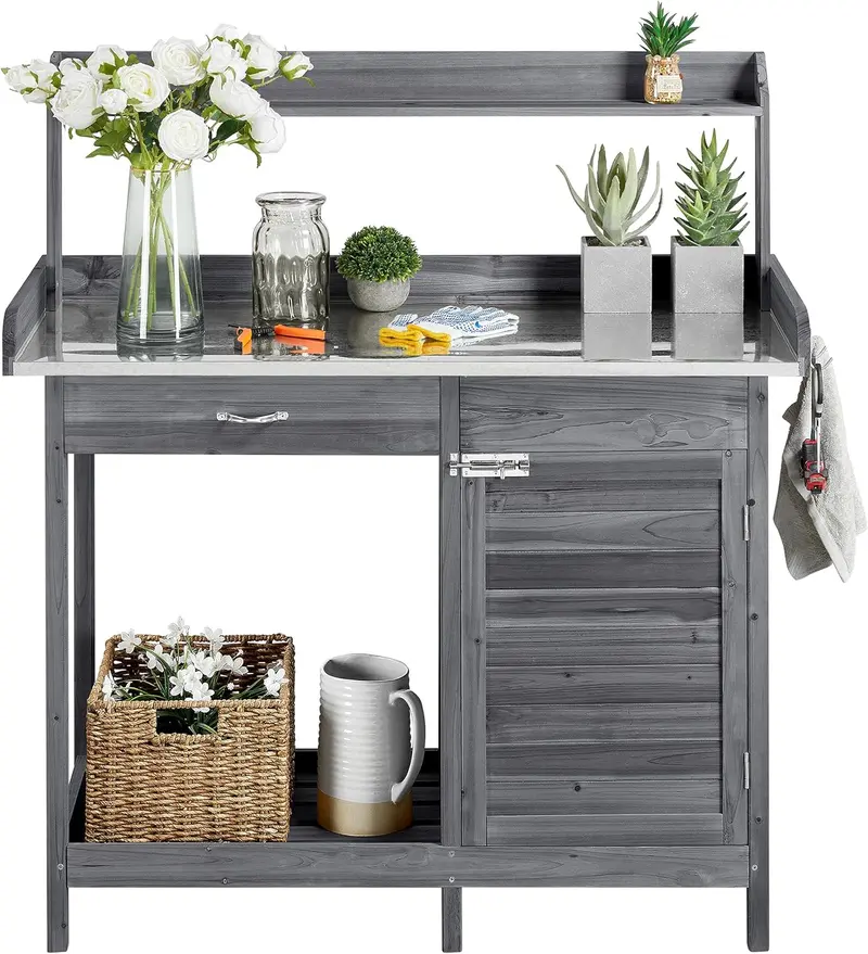 Yaheetech Garden Potting Bench – Outdoor Workstation with Metal Tabletop, Drawer & Cabinet