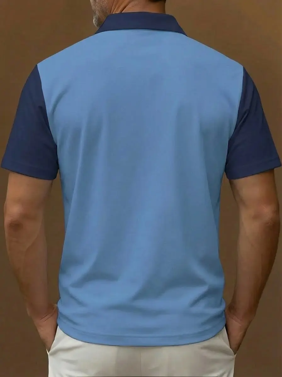 Light Blue Navy Blue White Vertical Stripe Pattern Button Short Sleeve Golf Polo Shirt
