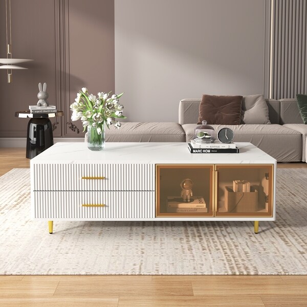 Modern White Coffee Table with 2 Glass Door Storage,4 Drawers,Gold Metal Legs,and MultiColor Lighting