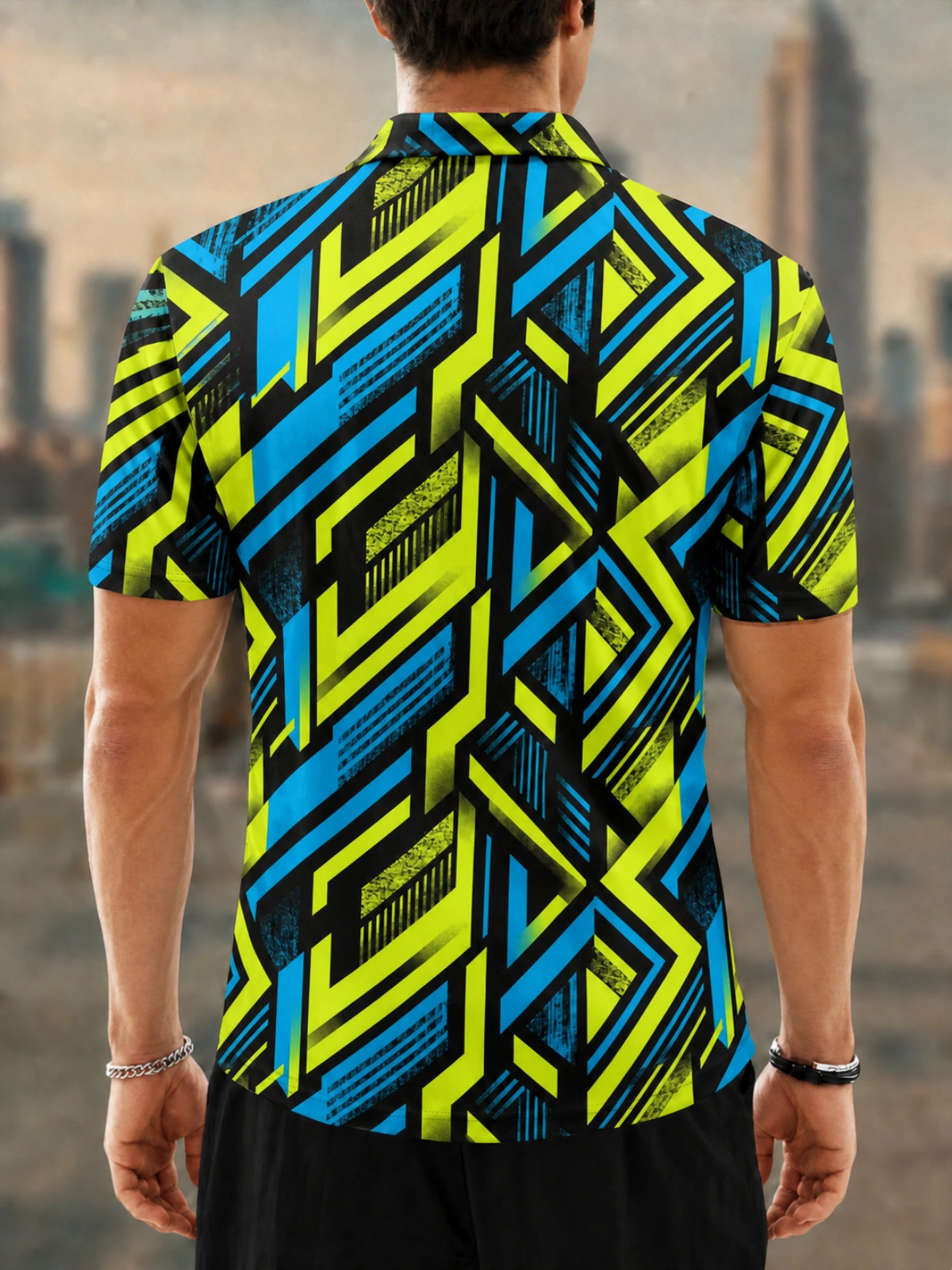 Moisture Wicking Golf Polo 3D Neon Yellow Blue Grunge Geometric Button Short Sleeve Golf Polo Shirt