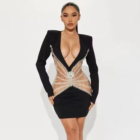 Sparkling Rhinestone V-Neck Bodycon DressClistos