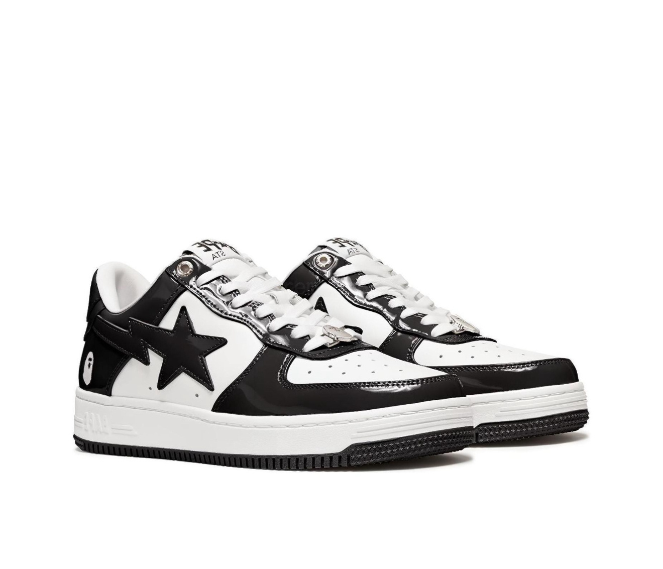 BAPE STA LOW trendy black and white patent leather fashion sneakers Item ID 11245
