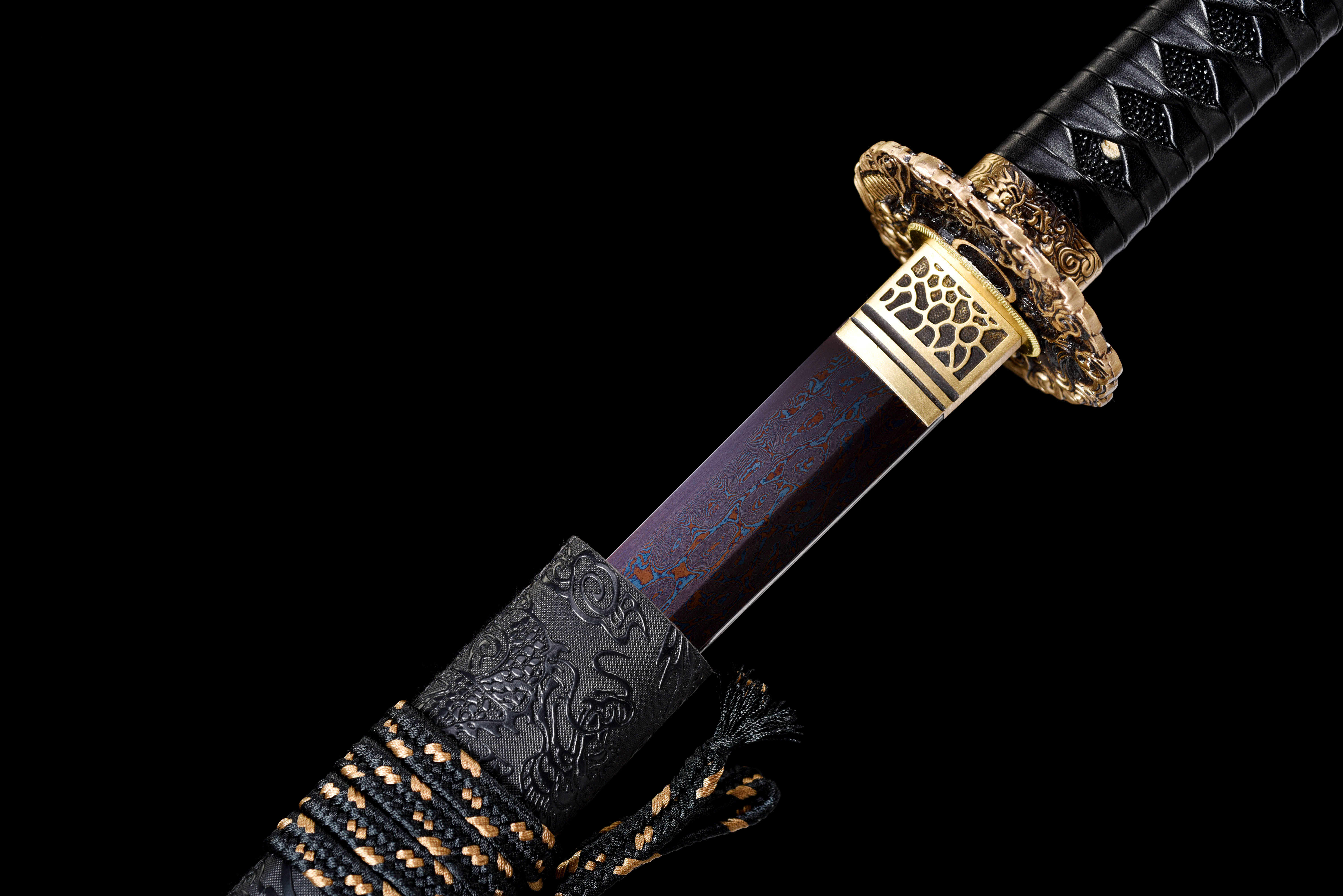 Dragon Katana – Blue Baked Damascus Steel, Full Tang
