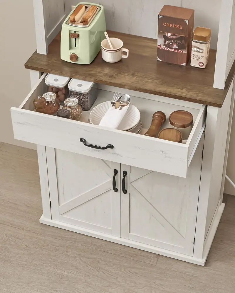 Rustic Farmhouse Pantry Cabinet – Lighted Kitchen Storage Unit with Charging Port, Drawer, Adjustable Shelves & Barn-Style Doors (Rustic White)