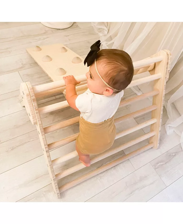 Lily and River Bamboo Little Climber Playset With Rockwall Slide In Natural