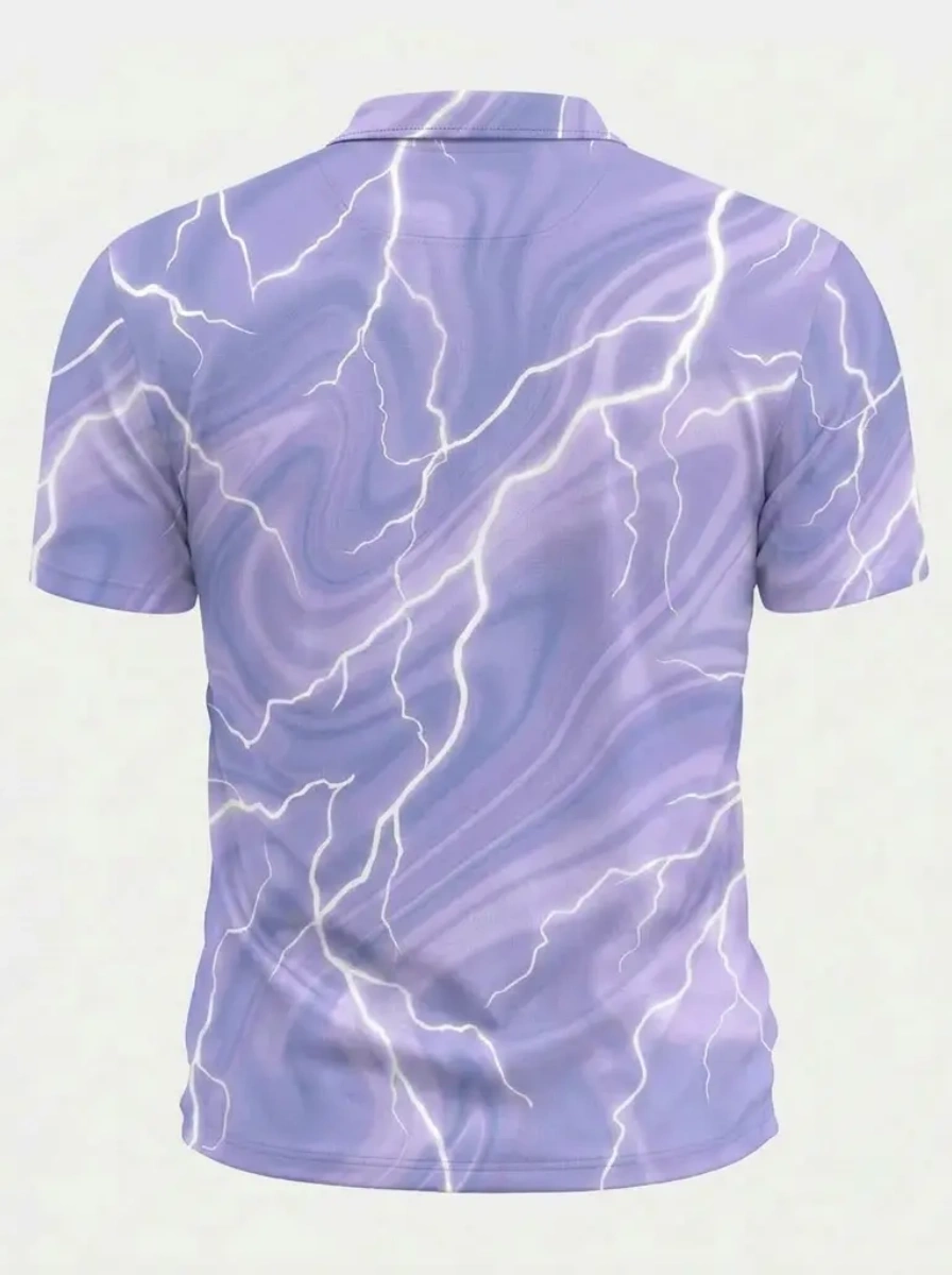 Moisture Wicking Golf Polo 3D Purple Marble Lightning Print Button Short Sleeve Golf Polo Shirt