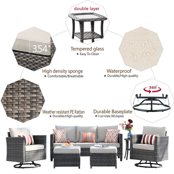 OVIOS 6piece Wicker Sectional Sofa Swivel Rocking Chair Set