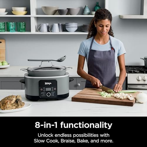 8.5 Quart Multi-Cooker, with 8-in-1 Slow Cooker, Dutch Oven, Steamer, Glass Lid Integrated Spoon, Nonstick, Oven Safe Pot to 500°F, Sea Salt Gray