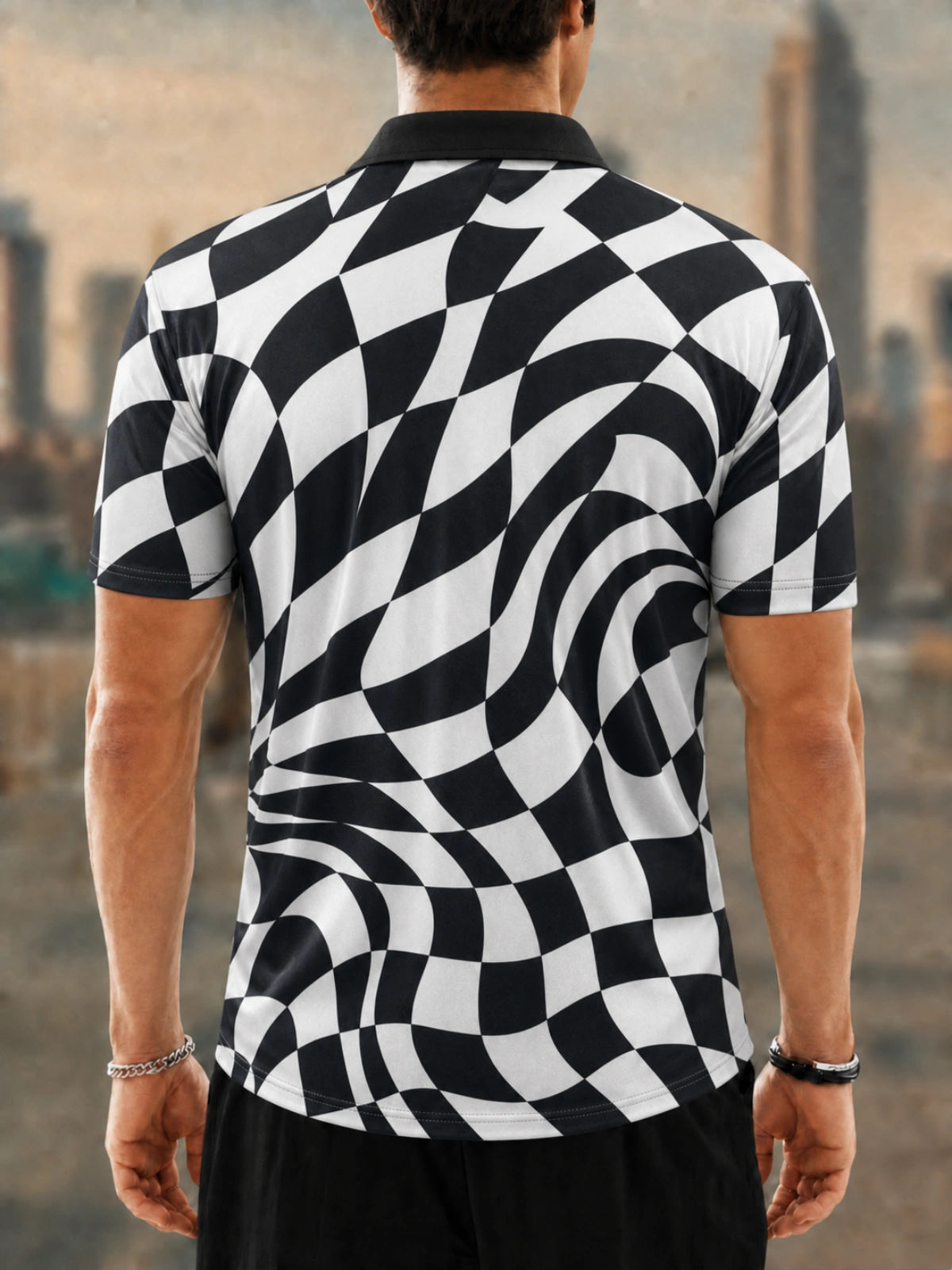 Moisture Wicking Golf Polo 3D Warped Black White Checkerboard Button Short Sleeve Golf Polo Shirt