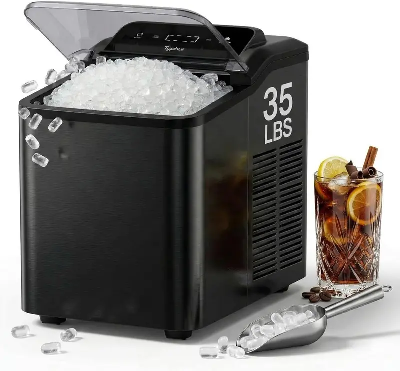 Typhur Stainless Steel Nugget Ice Machine – 35 lbs/Day, Crushed Pebble Ice, 8-Pack Cleaner Kit & Dual Scoops