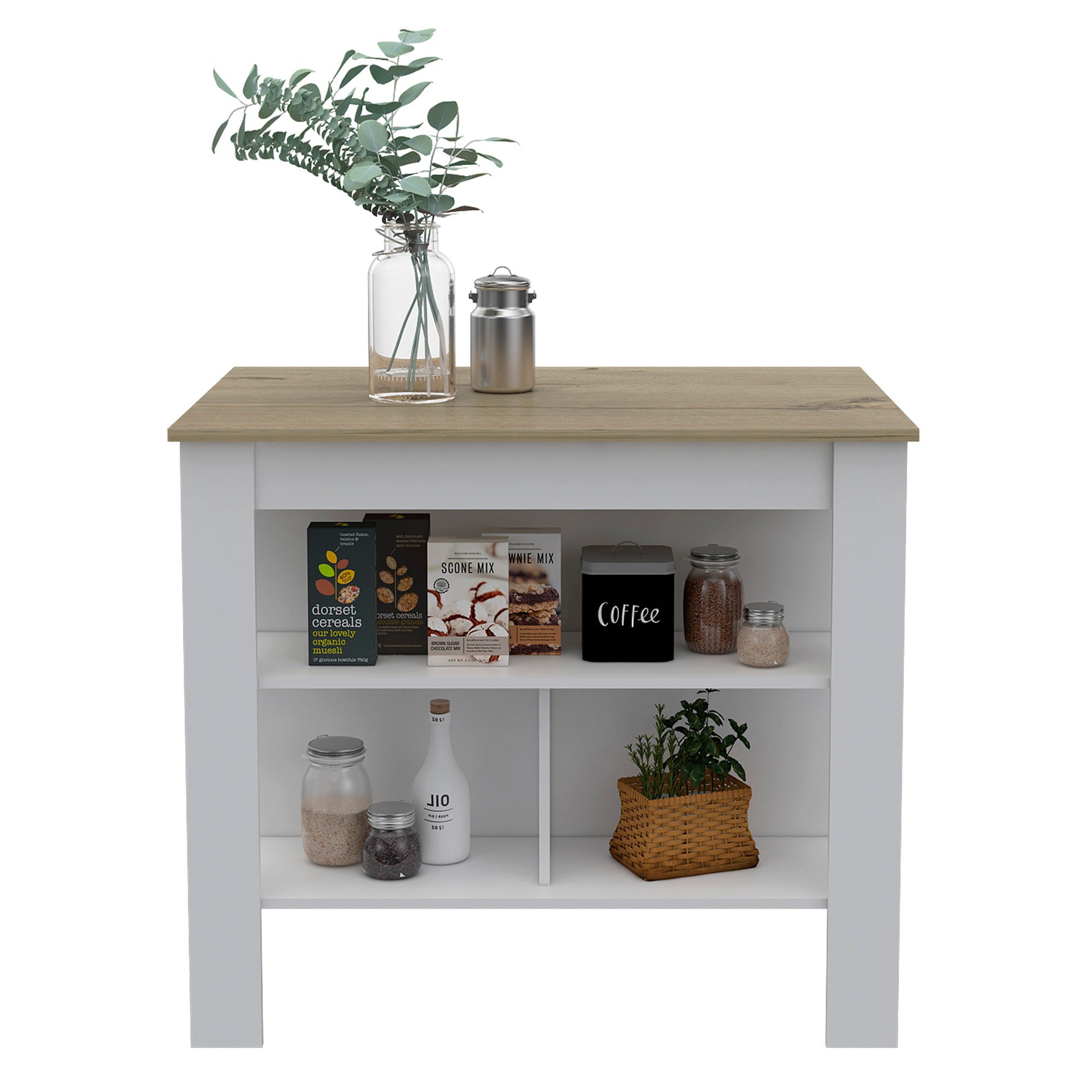 Boahaus Le Havre White Painted Kitchen Island, Wood Tabletop