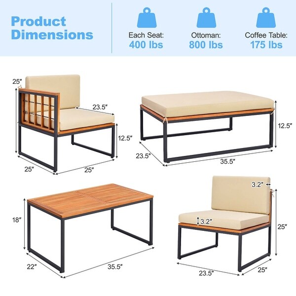 Costway 5 PCS Patio Furniture Set Acacia Wood Sectional Set with Seat