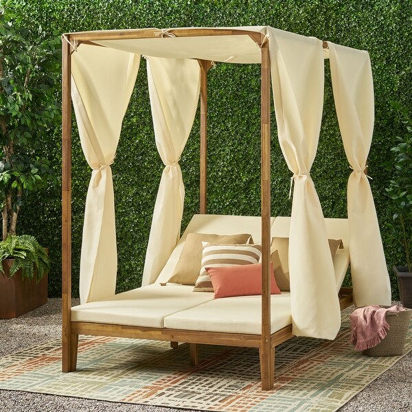 Kinzie Outdoor 2seat Adjustable Acacia Daybed w/ Curtains by Christopher Knight Home