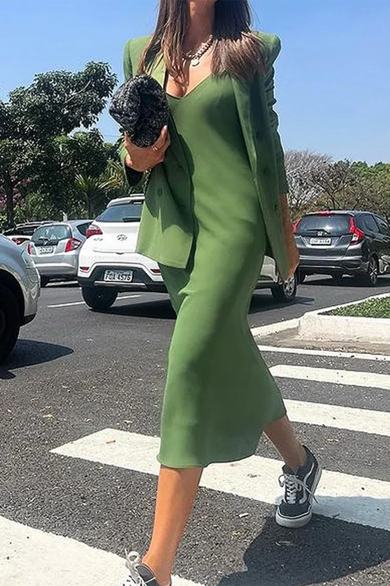 Elegant V-Neck Sleeveless Pocket Midi Two-Piece SetClistos