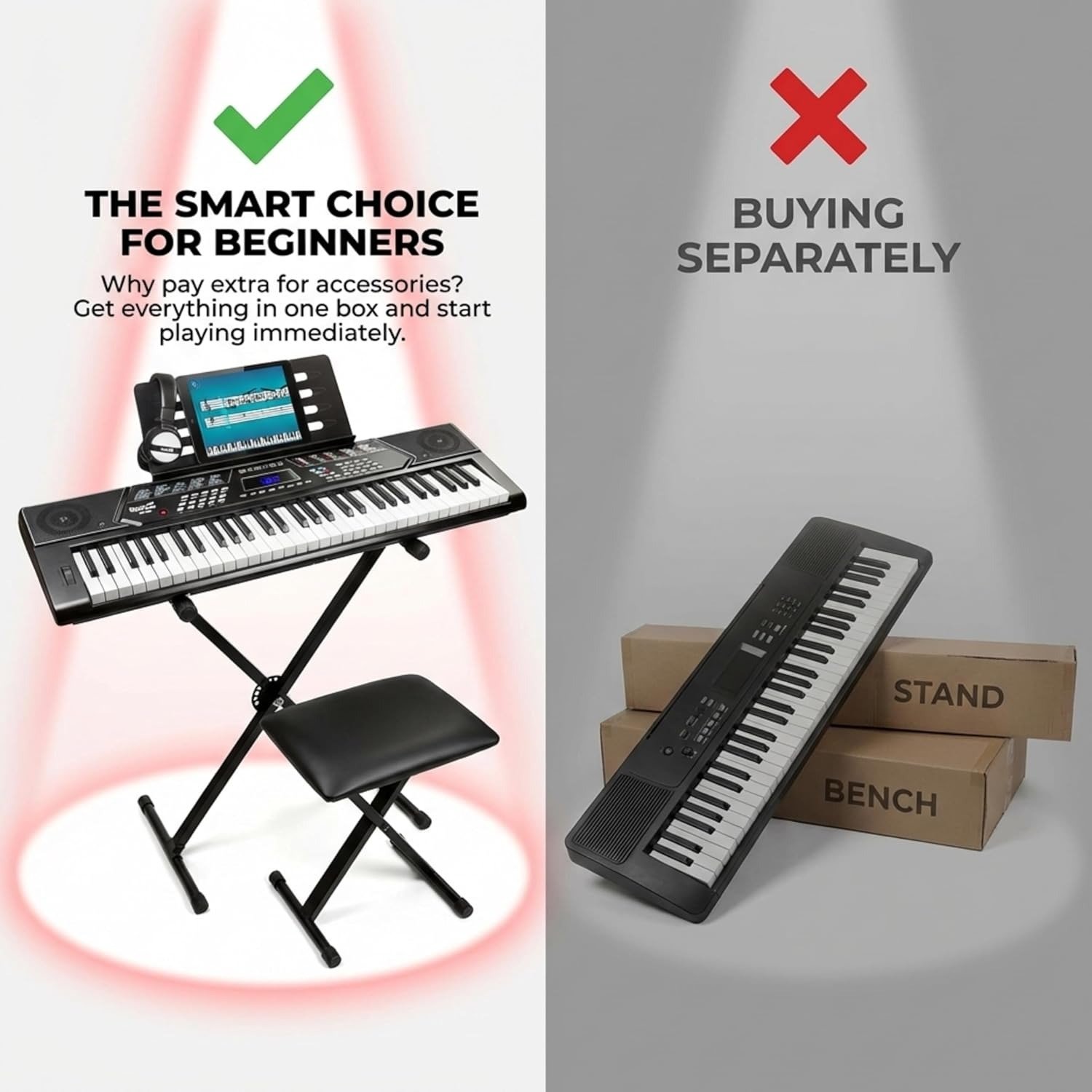 61 Key Keyboard Piano Stand With Pitch Bend Kit, Piano Bench, Headphones