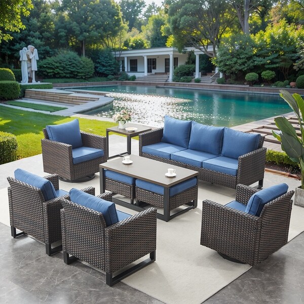 PE Wicker Sofa Rocking Chair Ottoman Set of 9