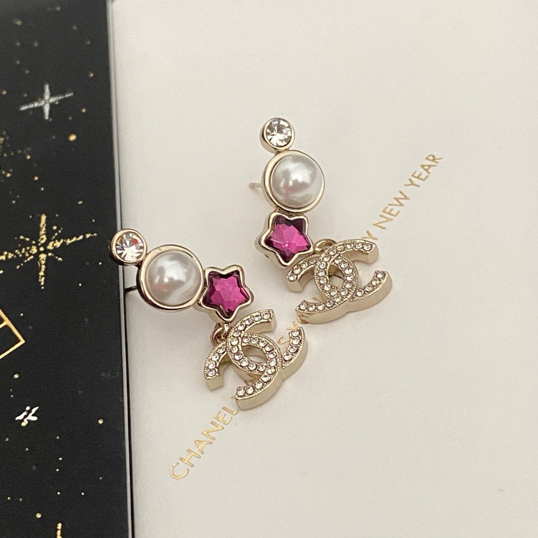 Chanel Pink Diamond Star Pearl Double C Stud Earrings - cnluxepick