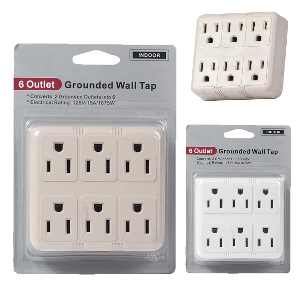 2Pc Grounded Wall Outlet Tap AC 125V Power Adapter Electrical 6 Way Plug Charger